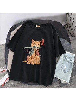 Touz Killer Cat Baskılı Siyah Unisex Oversize T-Shirt