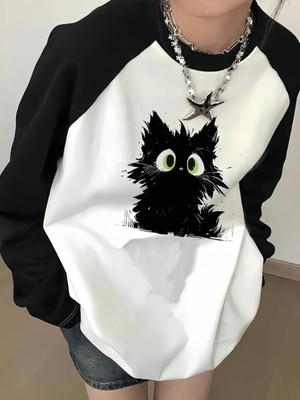 Touz Vintage Reglan Uzun Kollu Black Cat Baskılı Beyaz T-Shirt