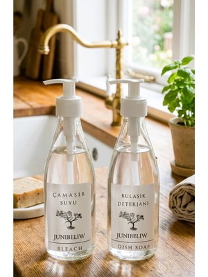 JUNIBELIW 2li Set Beyaz Boş Şeffaf Cam Şişe Bulaşık Deterjanlık Çamaşır Suyu 2X330ML