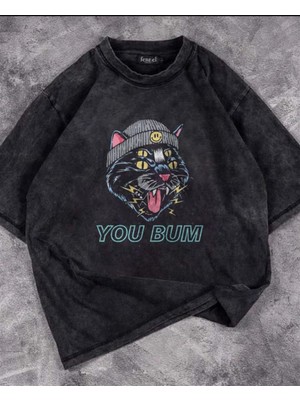 Touz Yıkamalı You Bum Cat Baskılı Unisex Oversize Vintage Eskitme T-Shirt
