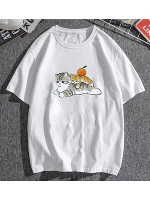 Touz Cats & Orange Beyaz Unisex Oversize T-Shirt