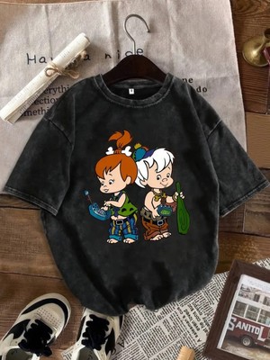 Touz Yıkamalı Çakıl Bambam Baskılı Oversize Vintage Tshirt