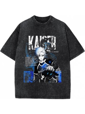 Touz Bluelock Kaiser Baskılı Unisex Yıkamalı Vintage Oversize T-Shirt