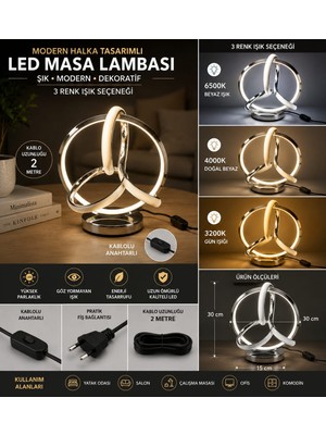 Sakin Enerji Modern Tasarım LED Masa Lambası 3 Renk Işık (3200K-4000K-6500K) 2 Metre Anahtarlı Kablolu Dekoratif Abajur