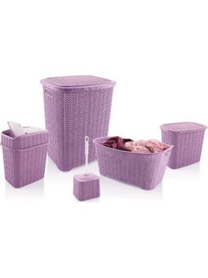 Aesco 5 Parça Örgü Desenli Plastik Banyo Seti Çamaşır Sepeti Deterjanlık Çöp Kovası Klozet Fırçası - Mor
