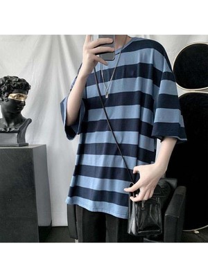 Touz Eysa Mavi Siyah Çizgili Unisex Oversize T-Shirt