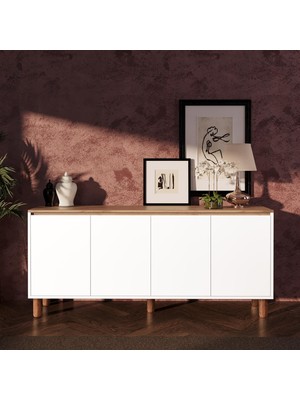 Bimossa H4110 Terra 180 cm Sepet-Beyaz Konsol Yüksek Ayaklı 4 Kapakl, Modern Yemek Odası Depolama Dolabı