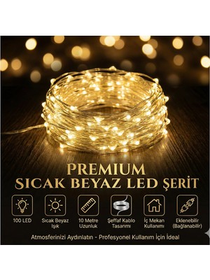 Aesco Yılbaşı Aydınlatması 100 LED Perde Hortum Sıcak Beyaz Işık - 10 Metre Dekoratif Şeffaf Kablolu Süs