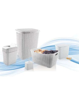 Aesco 5 Parça Örgü Desenli Plastik Banyo Seti Çamaşır Sepeti Deterjanlık Çöp Kovası Klozet Fırçası - Gri