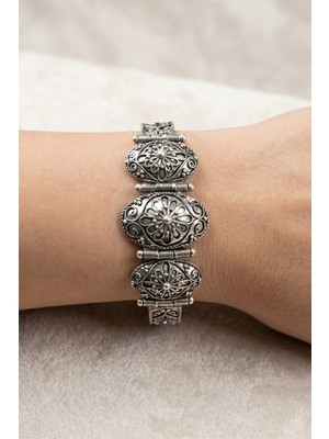 Söğütlü Silver 925 Ayar Gümüş Oval Çiçekli Telkari Kelepçe Bilezik  Otantik Kalın SGTL13423GUMUS