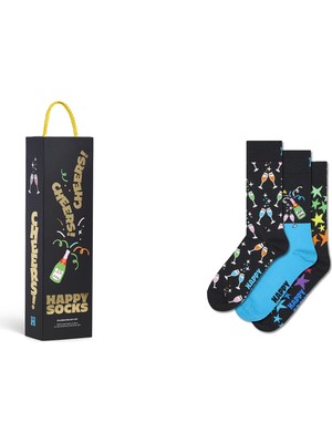 Happy Socks Erkek Siyah Kutlama Desenli 3’lü Pamuklu Çorap Seti P003371