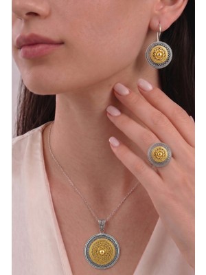 Söğütlü Silver 925 Ayar Gümüş Çiçekli Iki Renk Takı Seti Altın Yaldızlı Kolye Küpe Yüzük Telkari SGTL13430GUMUS