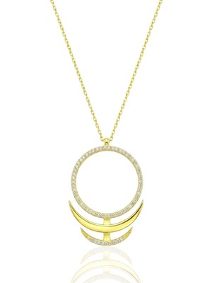 Söğütlü Silver 925 Ayar Gümüş Kolye Altın Kaplama Geometrik Çember ve Çift Hilal Figürlü Kolye SGTL13410GOLD
