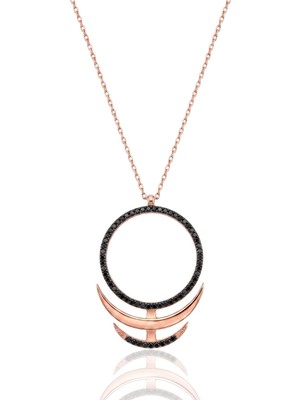 Söğütlü Silver 925 Ayar Gümüş Kolye Rose Siyah Taşlı Geometrik Çember ve Çift Hilal Figürlü Kolye SGTL13410SIYAH