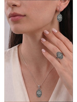 Söğütlü Silver 925 Ayar Gümüş Badem Çiçekli Model Takı Seti Kolye Küpe Yüzük Otantik Telkari SGTL13427GUMUS