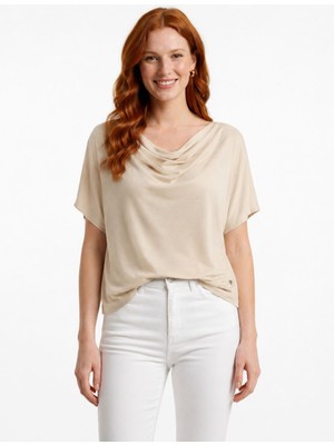 Neden Tekstil Kadın Basic Bej Kayık Yaka Kısa Kollu T-Shirt