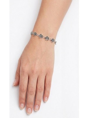 Söğütlü Silver 925 Ayar Gümüş Bohem Tarz Sıralı Çiçek Bileklik Oksitli Otantik Taşsız SGTL13419GUMUS