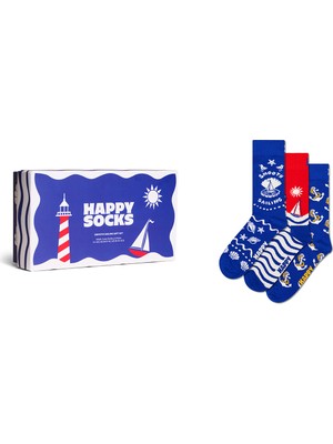 Happy Socks Kadın Mavi Sahil Temalı Pamuklu 3’lü Çorap Seti P002656