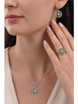 Söğütlü Silver 925 Ayar Gümüş Kafes Modeli Takı Seti Kolye Küpe Yüzük Otantik Oksitli Telkari SGTL13428GUMUS