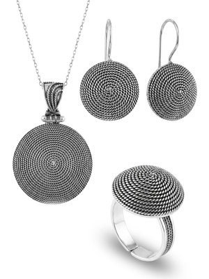 Söğütlü Silver 925 Ayar Gümüş Salyangoz Modeli Takı Seti Kolye Küpe Yüzük Otantik Telkari SGTL13426GUMUS