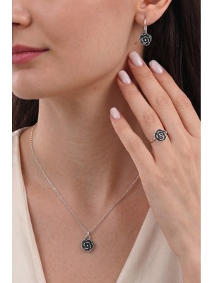 Söğütlü Silver 925 Ayar Gümüş Katmerli Kara Gül Modeli Nostaljik Takı Seti Kolye Küpe Yüzük Otantik SGTL13431GUMUS