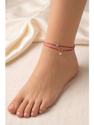 Söğütlü Silver 925 Ayar Gümüş Rose Kaplama Çift Sıra Kırmızı Ipli Nazar Göz Halhal SGTL13444ROSE