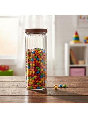 Gndz Home Akasya Kapaklı Uzun Çizgili Cam Kavanoz (1250 Ml) | Hava Geçirmez, Modern Fitilli Tasarım Gıda Saklama Kabı | Makarna, Bakliyat, Kahve ve Çay Kavanozu (9X25 Cm)