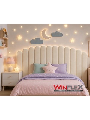 Winflex Yatak Başlık,ay ve Bulut Set Dekorasyon Panel - (180CM Genişlik) Krem