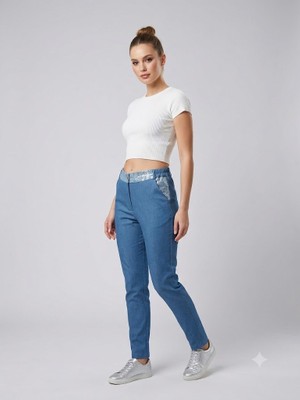 Centilmen Ysatis Pullu ve Sim Detaylı Beli Lastikli Kadın Denim Pantolon 2000101