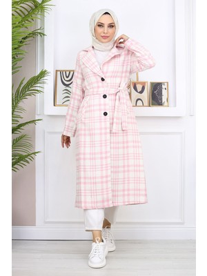 Missvalle Ekoseli Şanel Kaşe Kaban Pembe 19137