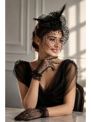 Sed da Exclusive Siyah Puanlı  Nikah  Şapkası Vualet . Gelin Kepi  ve  Puanlı Eldiven    Kombin   Set