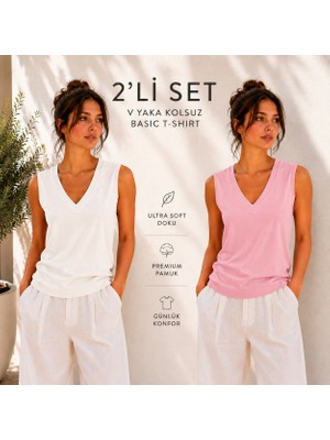 Hayalet Kadın V Yaka Kolsuz T-Shirt Ultra Soft Basic Bluz