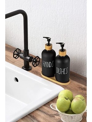 Bezos 2 Li Bambu Altlıklı Sıvı Sabunluk Seti Siyah