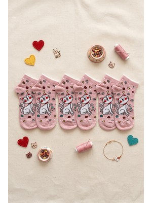 Hadiora Kız Çocuk Pembe 11-12 Yaş Kedi Figürlü 6'lı Patik Çorap Seti