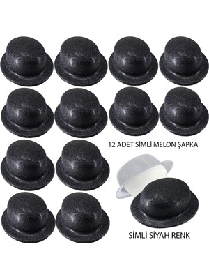 Aesco Siyah Renk Simli Melon Yuvarlak Parti Şapkası 12 Adet