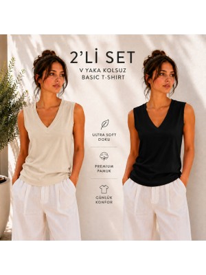 Hayalet Kadın V Yaka Kolsuz T-Shirt Ultra Soft Basic Bluz