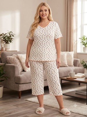 Asel Büyük Beden Kısa Kol Pamuklu Ultrasoft Likralı Kapri Pijama Takımı
