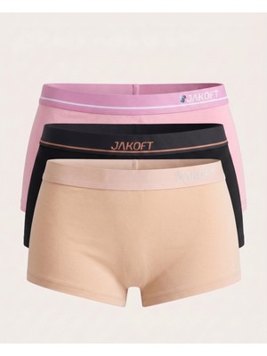 Jakoft Classic Pamuklu Kadın Boxer 3'lü Paket Siyah - Ten - Pembe