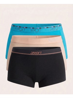 Jakoft Classic Pamuklu Kadın Boxer 3'lü Paket Siyah - Mavi - Ten