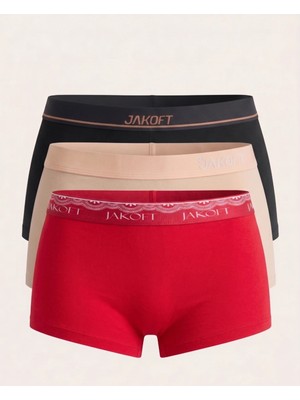 Jakoft Classic Pamuklu Kadın Boxer 3'lü Paket Kırmızı - Ten - Siyah