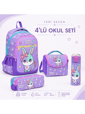 Coral High Milka Su Yeşili Tavşan Desenli 4'lü Okul Çanta Seti Mataralı