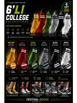 Festival Socks 6 Çift Kadın Çizgili Renkli Kolej Spor Çorap Seti Tenis Çorap 6 Çift