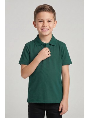 Fatella Unisex Çocuk Nefti Yeşil Lakost Polo Yaka Kısa Kollu Okul Tişörtü