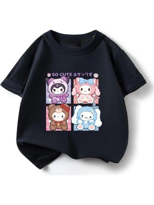 Touz Harajuku Sanrio Karakter Baskılı Siyah T-Shirt
