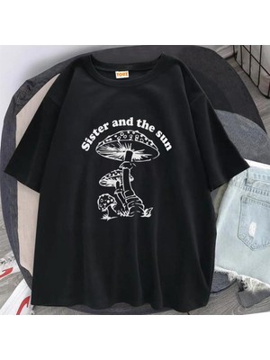 Touz Sister And The Sun Baskılı Siyah Unisex Oversize T-Shirt