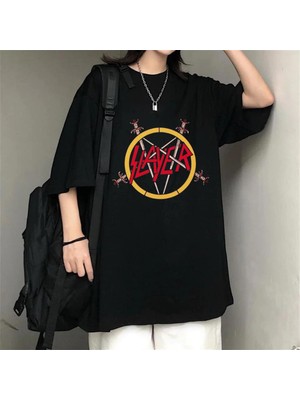 Touz Rock Serisi Slayer Baskılı Siyah Unisex Oversize T-Shirt