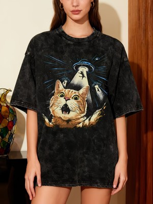 Touz Alien Cat Baskılı Unisex Yıkamalı Vintage Oversize T-Shirt