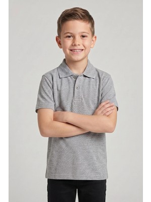 Fatella Unisex Çocuk Gri Lakost Polo Yaka Kısa Kollu Okul Tişörtü