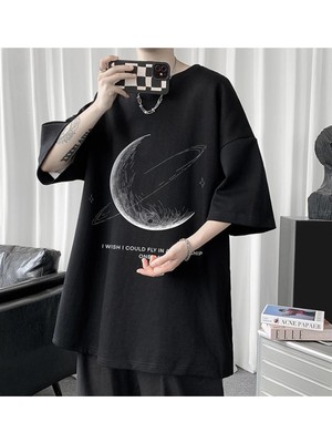 Touz Crescent Saturn Baskılı Siyah Unisex Oversize T-Shirt