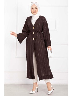 Md Gold Düğmeli Bağcıklı Uzun Kimono Kahve